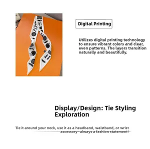 Detail of skinny silk scarf with black and white fashion icons and digital print