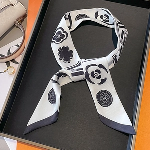 Fashion Camellia Print Skinny Scarf Narrow Long Polyester Twill Versatile Bag Handle Ribbon Hair Band French Style