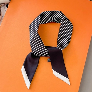 French Style Black White Striped Narrow Scarf Polyester Faux Satin Skinny Ribbon Hair Band Bag Handle Wrap