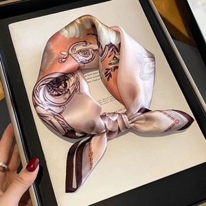Satin Square Scarf Women Mulberry Satin French Vintage Floral Print Elegant Neck Scarf Luxury Hair Band Accessory