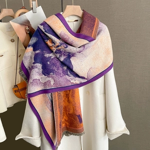 Sciarpa spessa stile pittura a olio con eleganti motivi viola e sensazione di cashmere