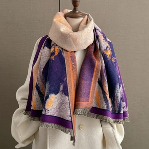 Sciarpa in cashmere stile pittura a olio con stampe astratte viola scuro e arancio