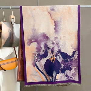 Sciarpa Invernale Scialle Donna Imitazione Cashmere Spessa Calda Pittura A Olio Floreale Frange Elegante Moda