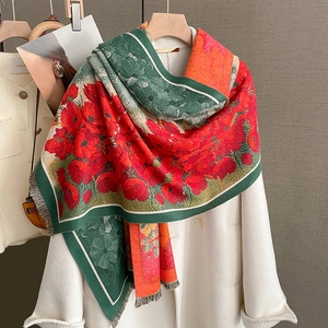 Ginkgo leaf printed faux cashmere shawl with red and green color block and fringe