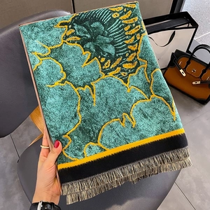 Emerald velvet shawl with gold floral patterns and fringe, elegant winter wrap scarf