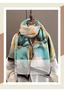 Detail of cashmere-like scarf with abstract oil painting print and fringed edges