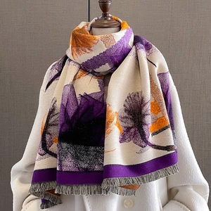 Thick cashmere-like shawl scarf with violet and orange floral patterns and grey tassels