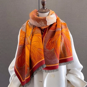 Thick autumn maple leaf cashmere-style scarf shawl with elegant orange floral pattern