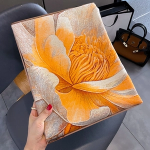 Fashionable floral cashmere-feel warm orange scarf and thick winter shawl for women