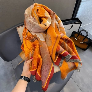 Thick autumn winter warm pashmina shawl with artistic prints and long fringes