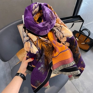 Thick autumn winter cashmere scarf with purple and orange floral print and tassels