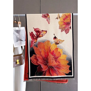 Floral Butterfly Print Faux Cashmere Scarf Thickened Winter Warm Shawl Double Sided Large Wrap With Tassels For Women