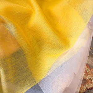 Détail d'écharpe en soie et laine montrant un dégradé jaune argenté et un aspect perlé