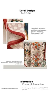 Macro detail of checkered scarf with orange lily prints and fine edge stitching