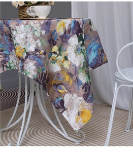 Detail of American impressionist floral tablecloth with elegant oil painting pattern