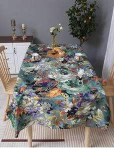 Detailed texture of American impressionist oil painting tablecloth with floral pattern
