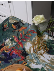 Macro detail of impressionist oil painting tablecloth showing thick canvas fabric texture