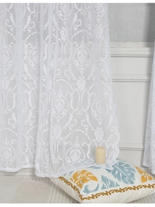 Detailed view of white Nordic lace sheer curtain with baroque floral embroidery