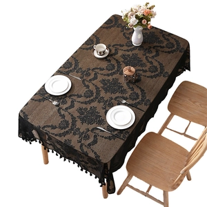 French romantic lace tablecloth with black damask floral patterns and fringe tassels