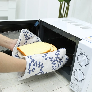 Heat Resistant Oven Mitt And Pot Holder Thickened Cotton Linen Kitchen Baking Tool Scandinavian Style Floral Print