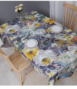 Close-up of American impressionist oil painting floral tablecloth with white rose prints
