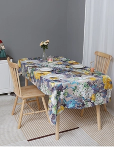 Detail of American impressionist floral oil painting tablecloth with cotton linen texture