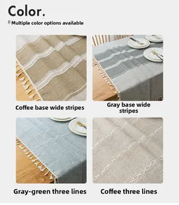 Close-up of modern striped tablecloth with tassel edges in multiple color options
