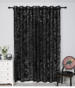 Detail of black lace sheer curtains with floral bird patterns and metal grommet top style