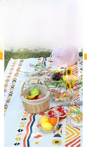 Detail of portable bohemian picnic mat with geometric patterns on grass, easy to fold and clean