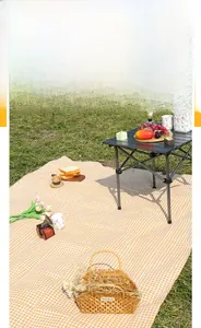 Outdoor setup featuring orange checkered picnic mat, foldable table and woven basket