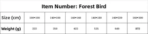 Size and weight specifications chart for rectangular bird print tablecloth collection