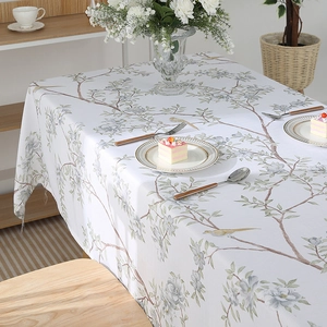 Modern rectangular tablecloth with blue floral and bird patterns in Nordic style