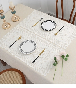Detailed close-up of white rectangular lace placemat with elegant floral crochet pattern