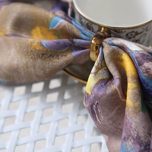 Impressionist oil painting style tablecloth with luxury abstract patterns and gold ring detail