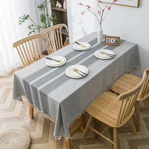 Nordic minimalist grey striped rectangular tablecloth with white tassel edge decor