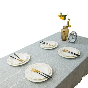 Nordic minimalist striped tablecloth with white wavy embroidery and tassel fringe details