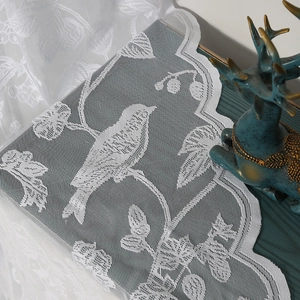 Nordic white lace window curtain featuring bird and flower embroidery with scalloped edges