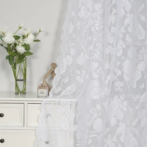 White Nordic style lace sheer curtain with floral and fruit embroidery for balcony