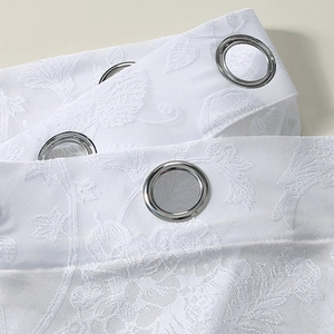White Nordic floral jacquard sheer curtain with silver grommets for balcony and window