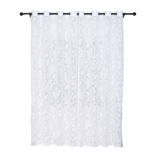 White Nordic lace sheer curtain with floral embroidery and black grommet top design