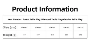 Detailed size chart for chenille table runners showing dimensions and weight categories