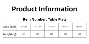 Size chart showing table runner dimensions from 140cm to 330cm with weight in grams