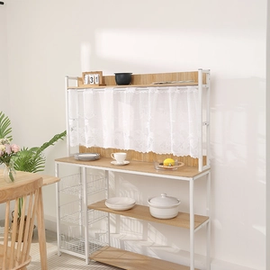 Modern white metal kitchen rack with lace curtain and wooden shelves for home storage