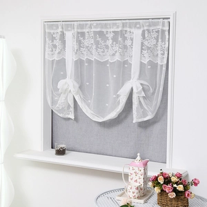 White Lace Curtain Floral Embroidery Tie-up Balloon Shade Sheer Voile Half Window Valance French Country Style