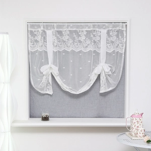 White floral lace balloon shade curtain with adjustable ribbons for windows