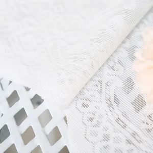 White floral lace sheer curtain with delicate jacquard texture and scalloped edges