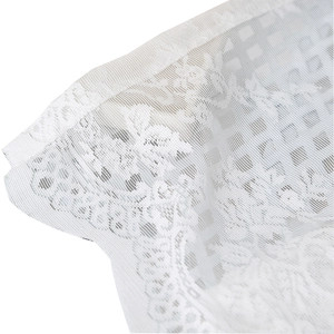 White lace sheer curtain with floral jacquard mesh texture and elegant hollow hem design