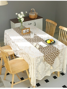Detail of off-white lace tablecloth paired with a brown geometric patterned table runner