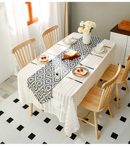 Detail view of white lace tablecloth with a grey geometric patterned table runner runner
