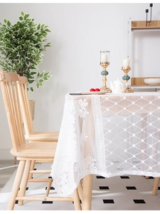 Close-up of white lace tablecloth featuring geometric mesh patterns and floral edges